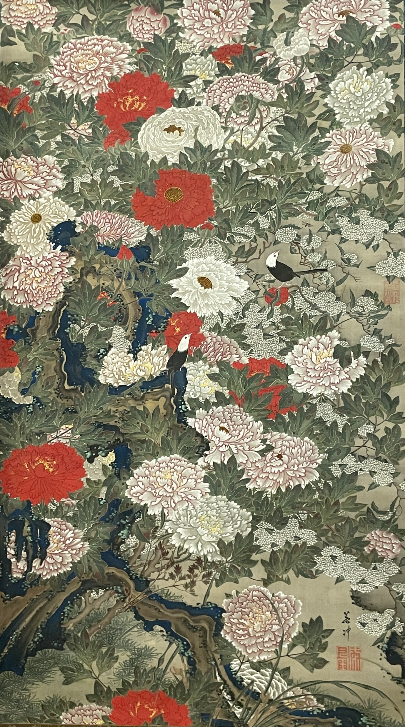 【真作】掛軸　牡丹に小禽図　紅白咲き揃う華やか花鳥画　四季の彩り　R154 楽天市場】額絵 日本画 花鳥画 春飾り 【紅白梅に鶯】 北山歩生